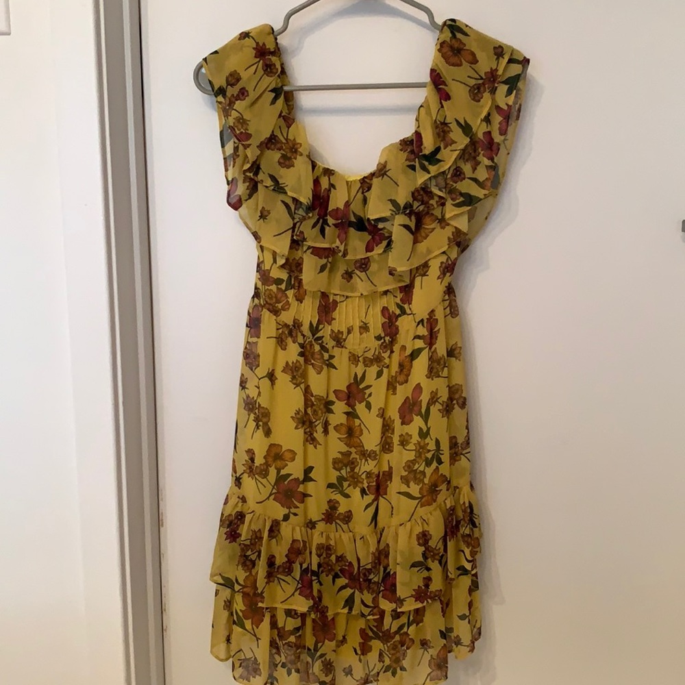 Scripted Yellow Floral Ruffle Dress